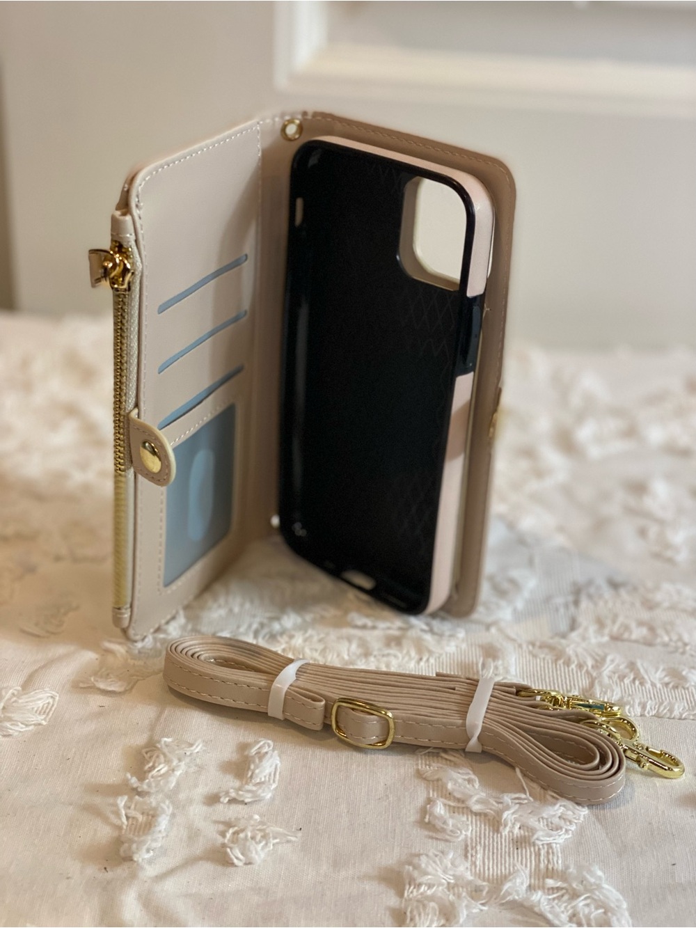 iPhone 11-Beige Wallet Phone Case with Detachable Strap